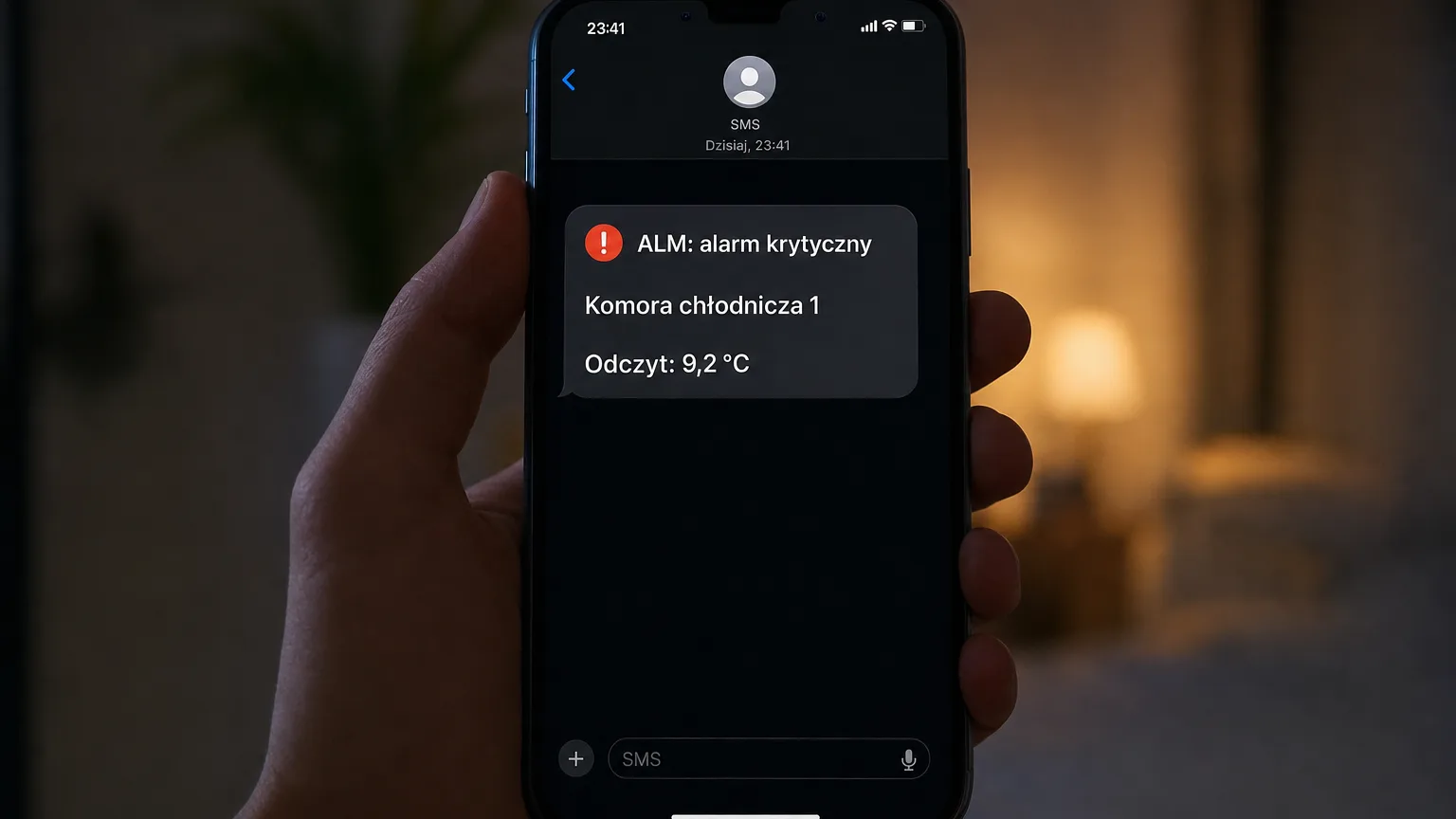 SMS with a critical cold room temperature alarm on a phone screen