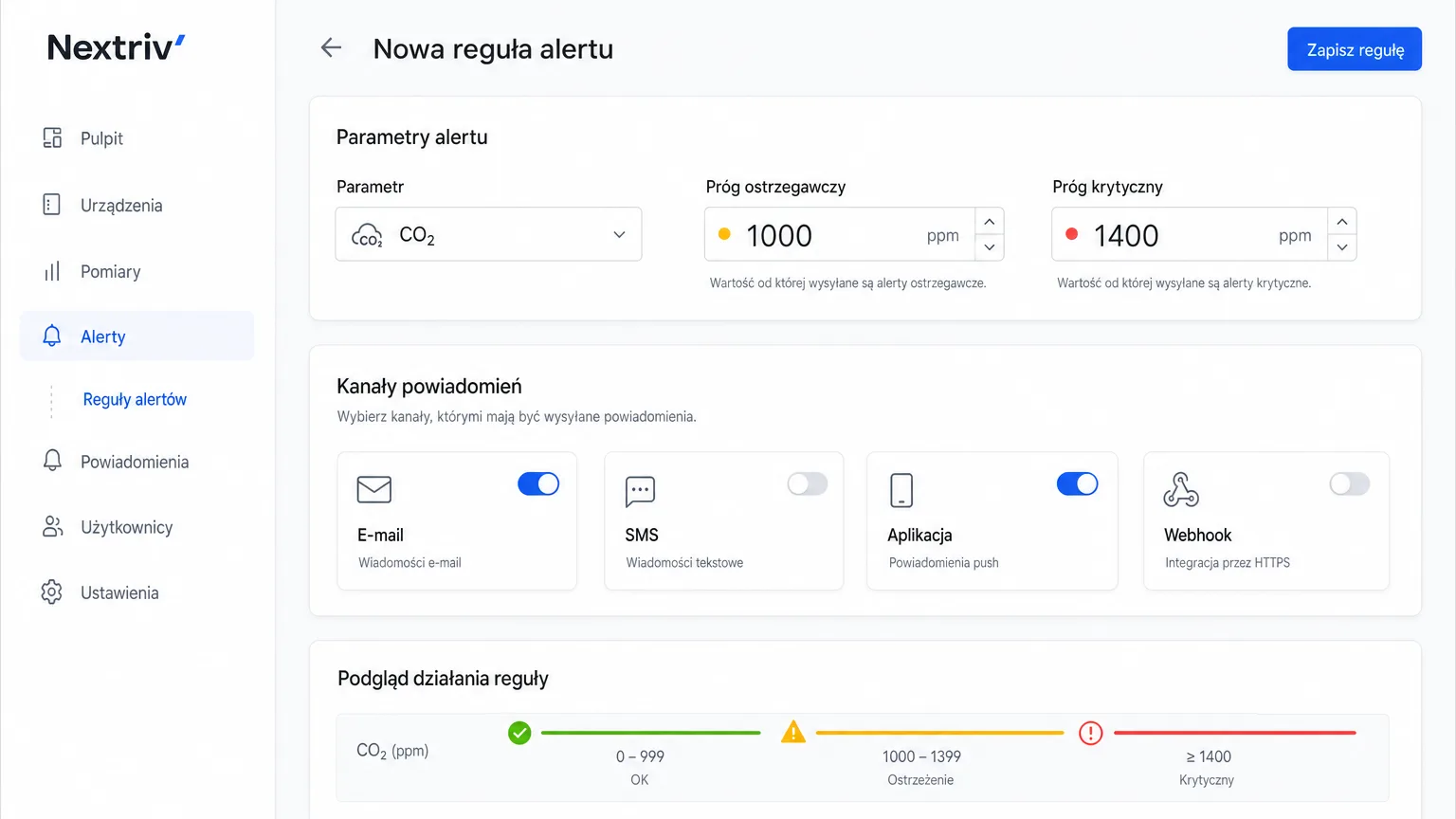 Configuring CO₂ alarm thresholds in the Nextriv app