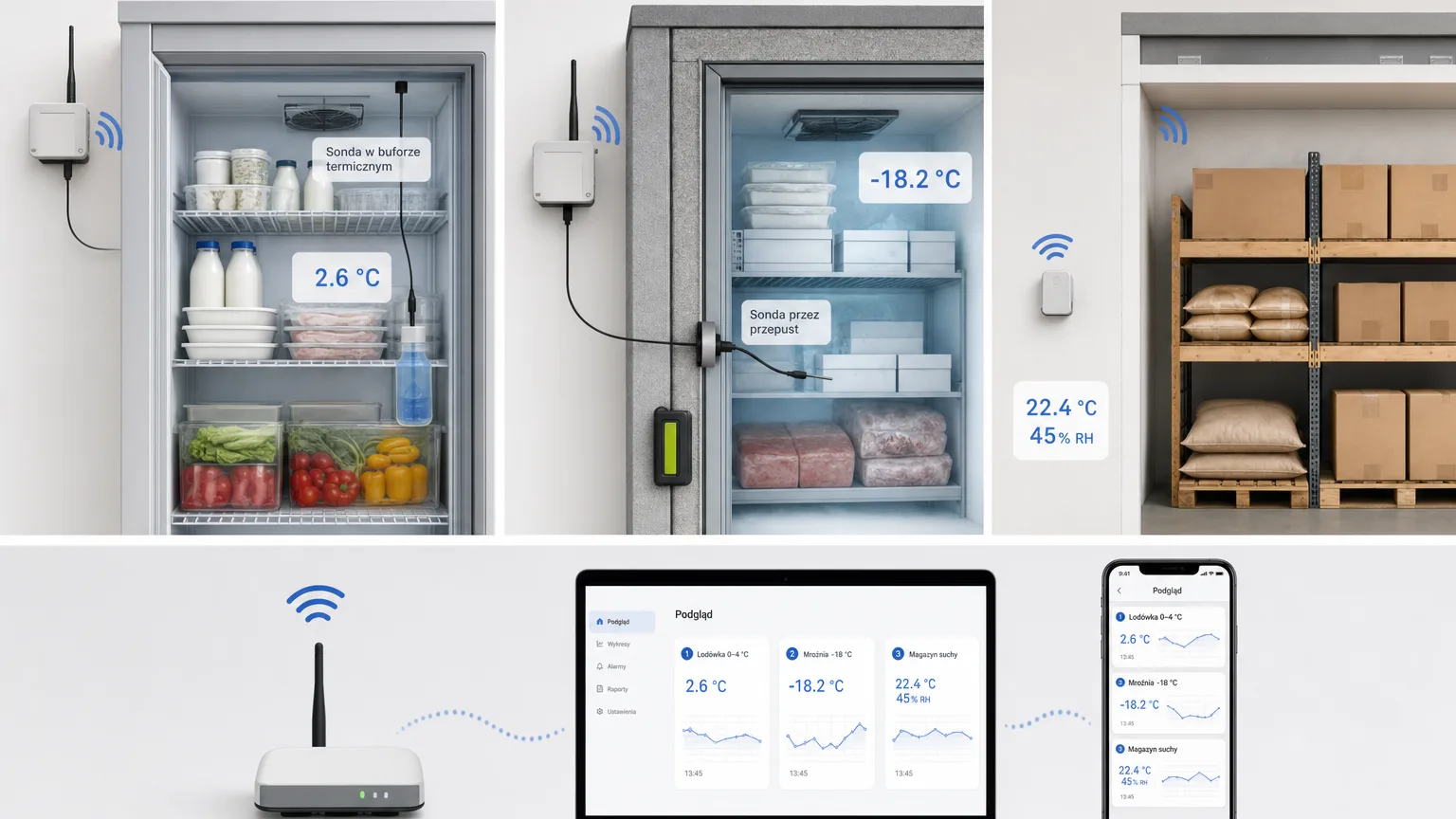 Cross-sections of a fridge, a counter and a freezer with probe, transmitter and thermal buffer locations marked