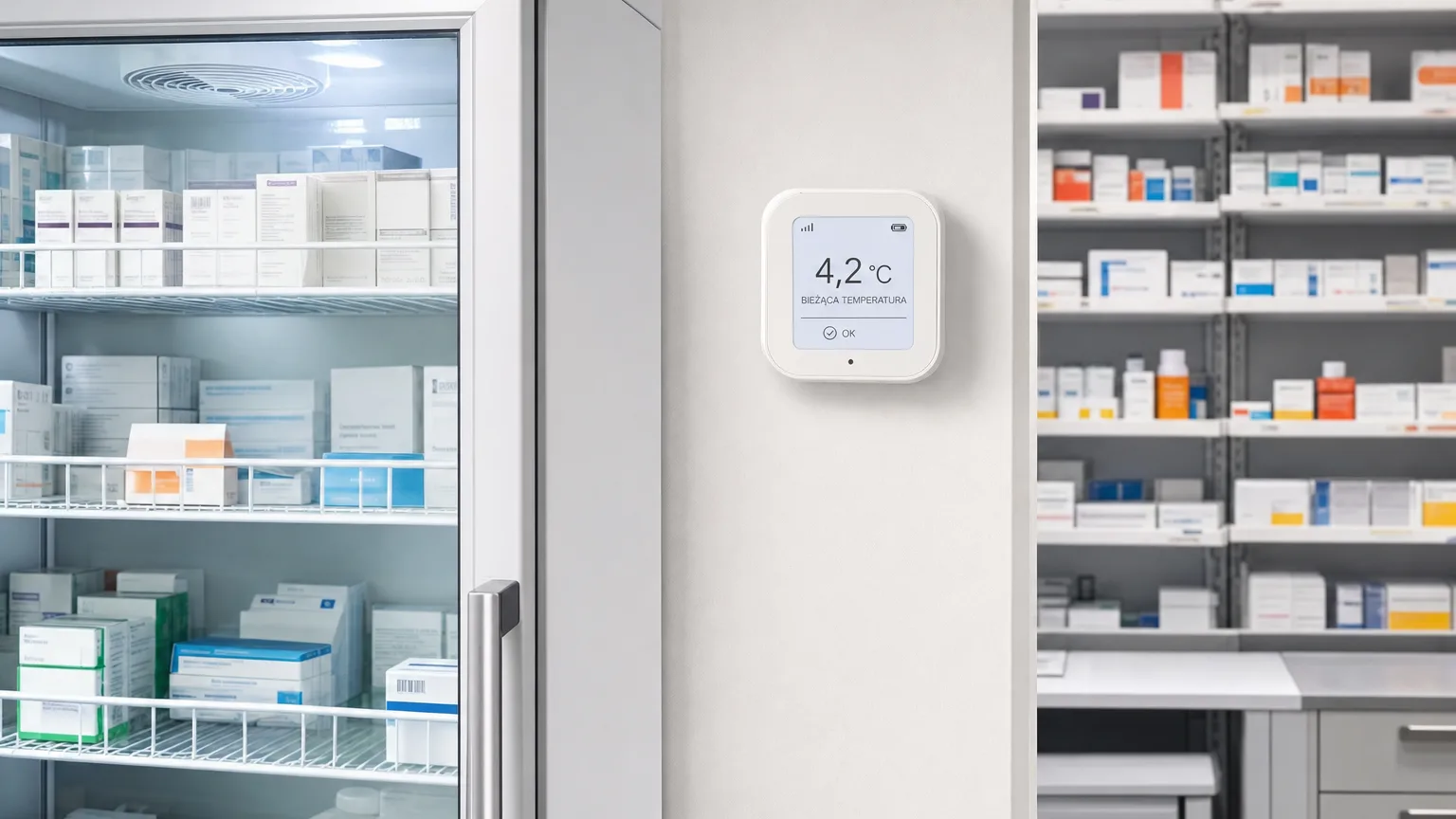 A pharmacy fridge with a compact temperature sensor — a typical FREE plan installation