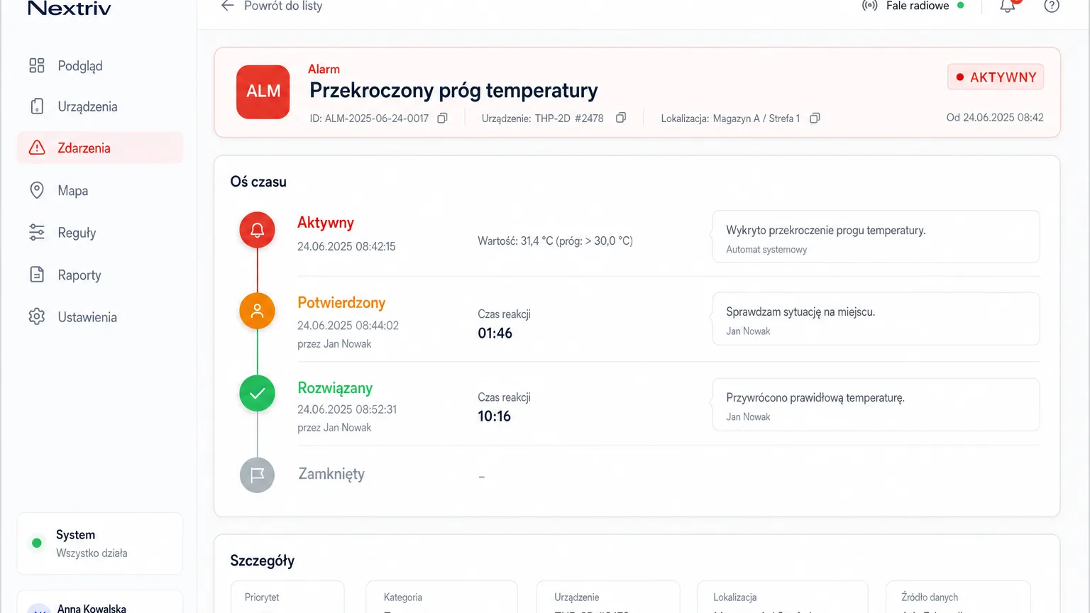 Alarm event in the Nextriv platform — alarm code, statuses and comments documenting the response