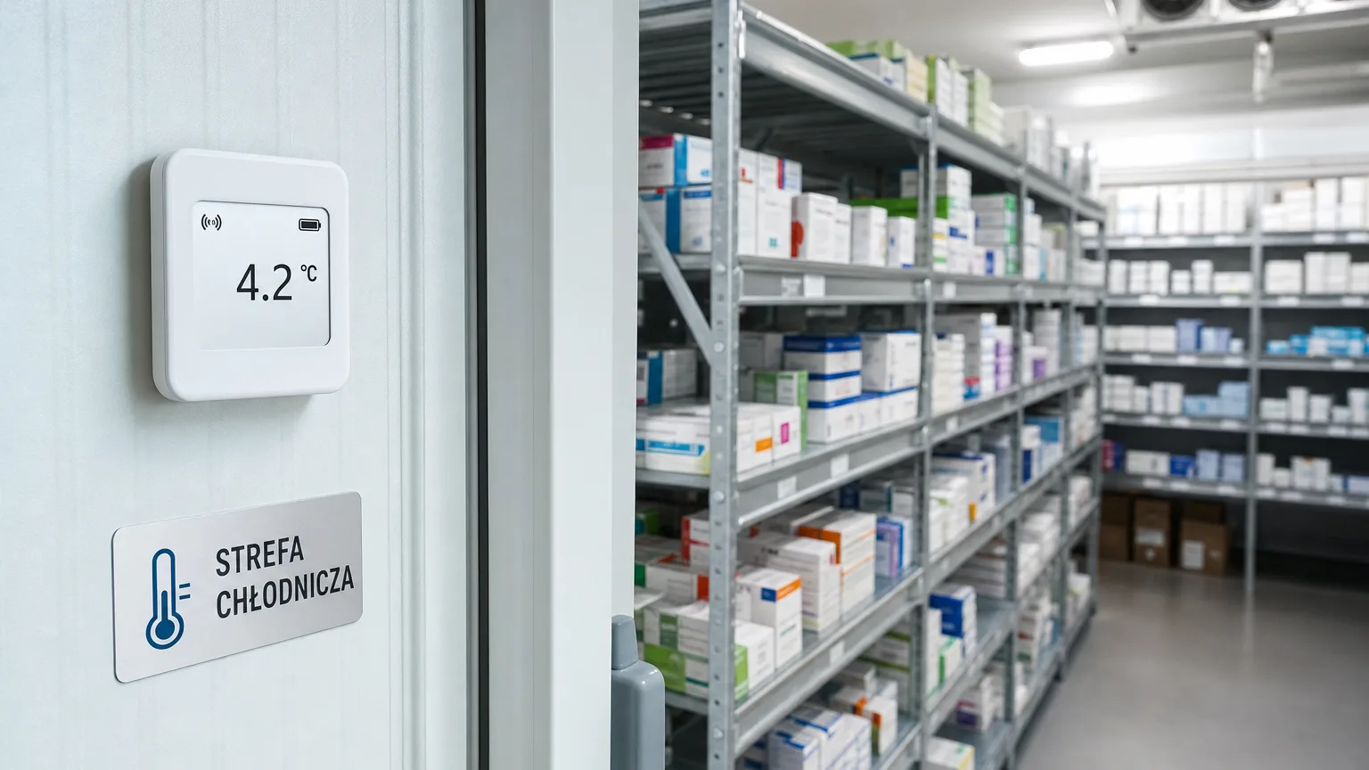 Pharmaceutical wholesale warehouse with medicine storage zones under continuous temperature monitoring