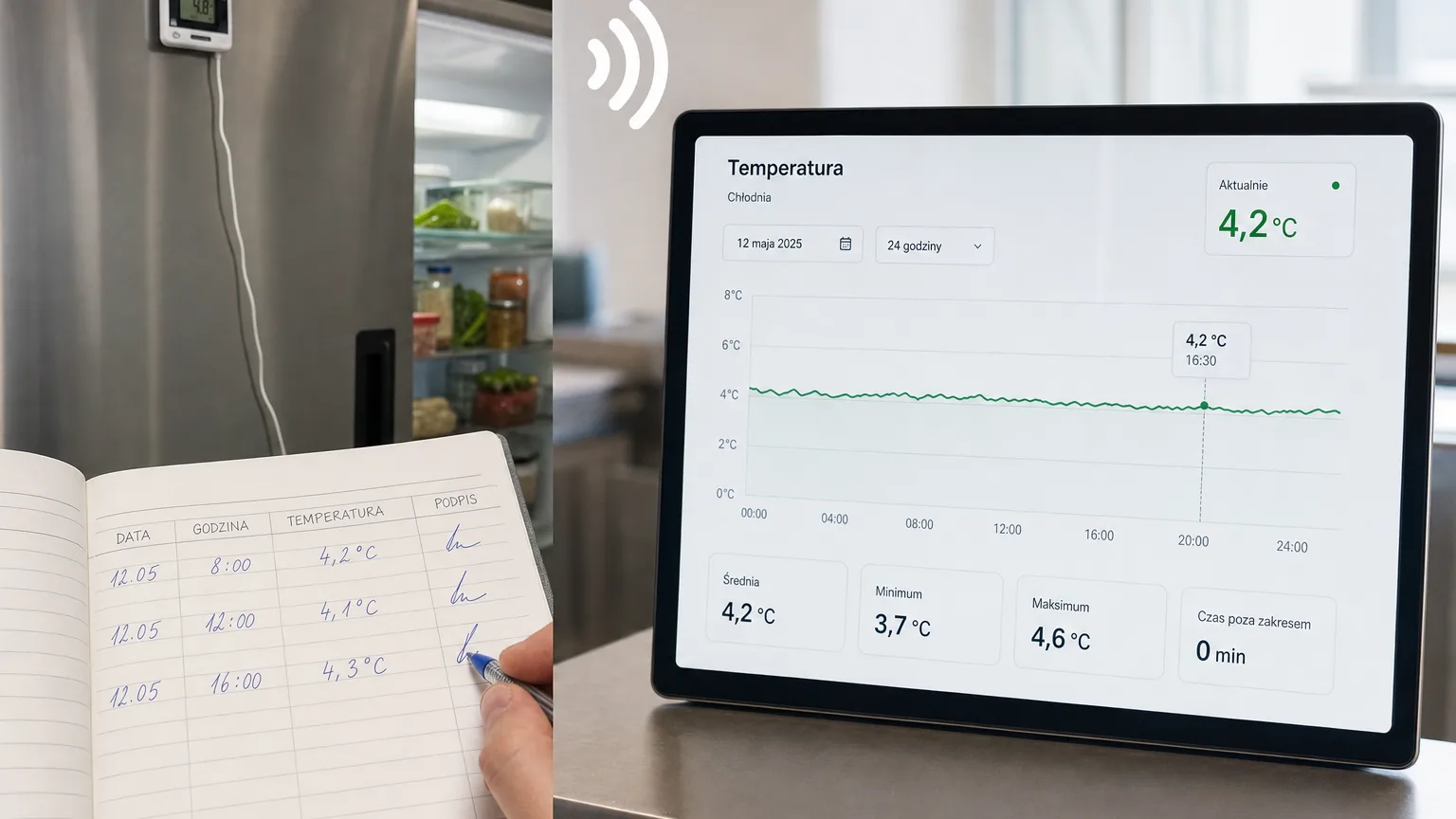 Paper temperature log by the fridge versus a continuous chart in the app