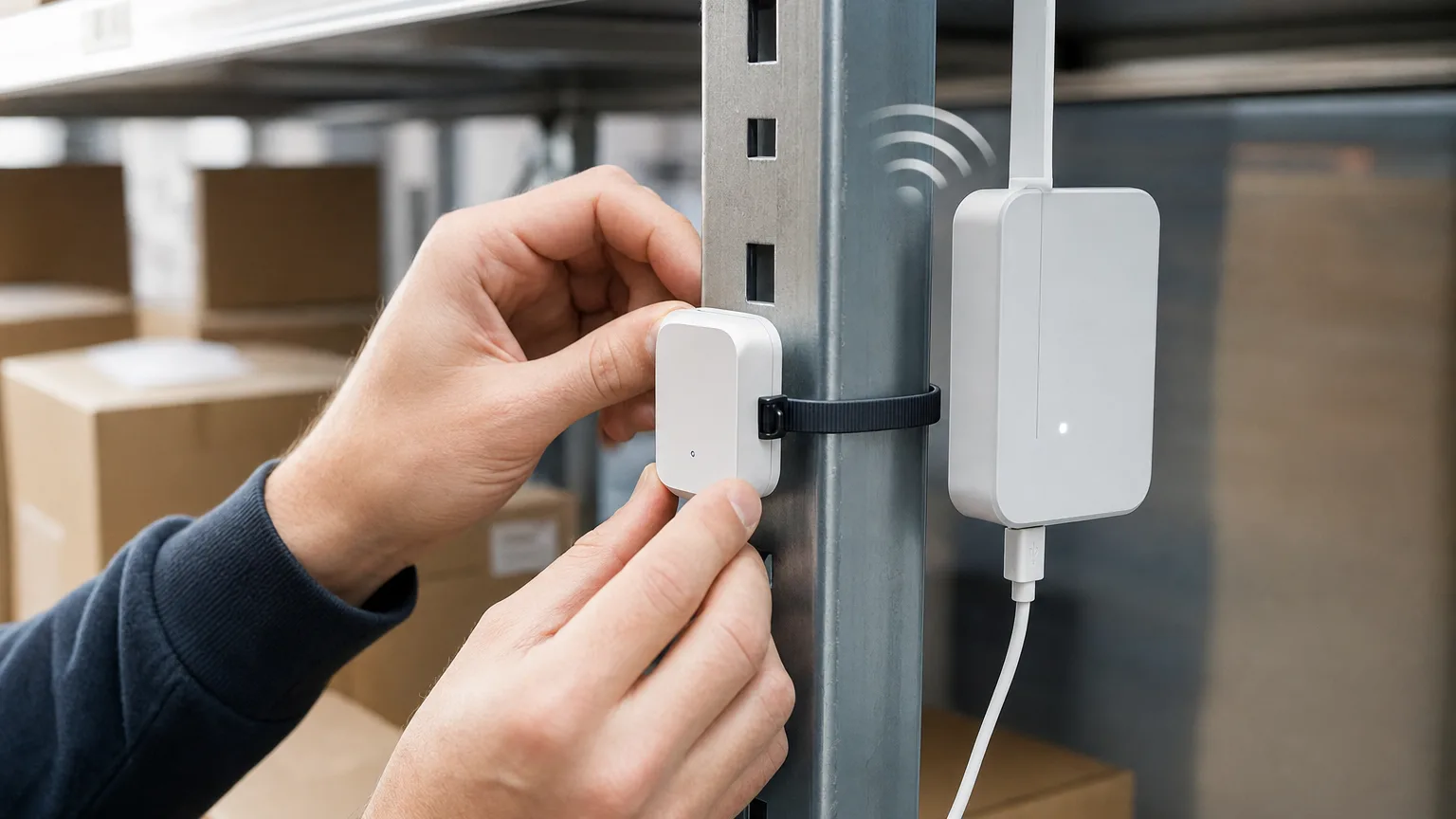 DIY installation of a monitoring system — a USB-C powered gateway and a sensor mounted with tape