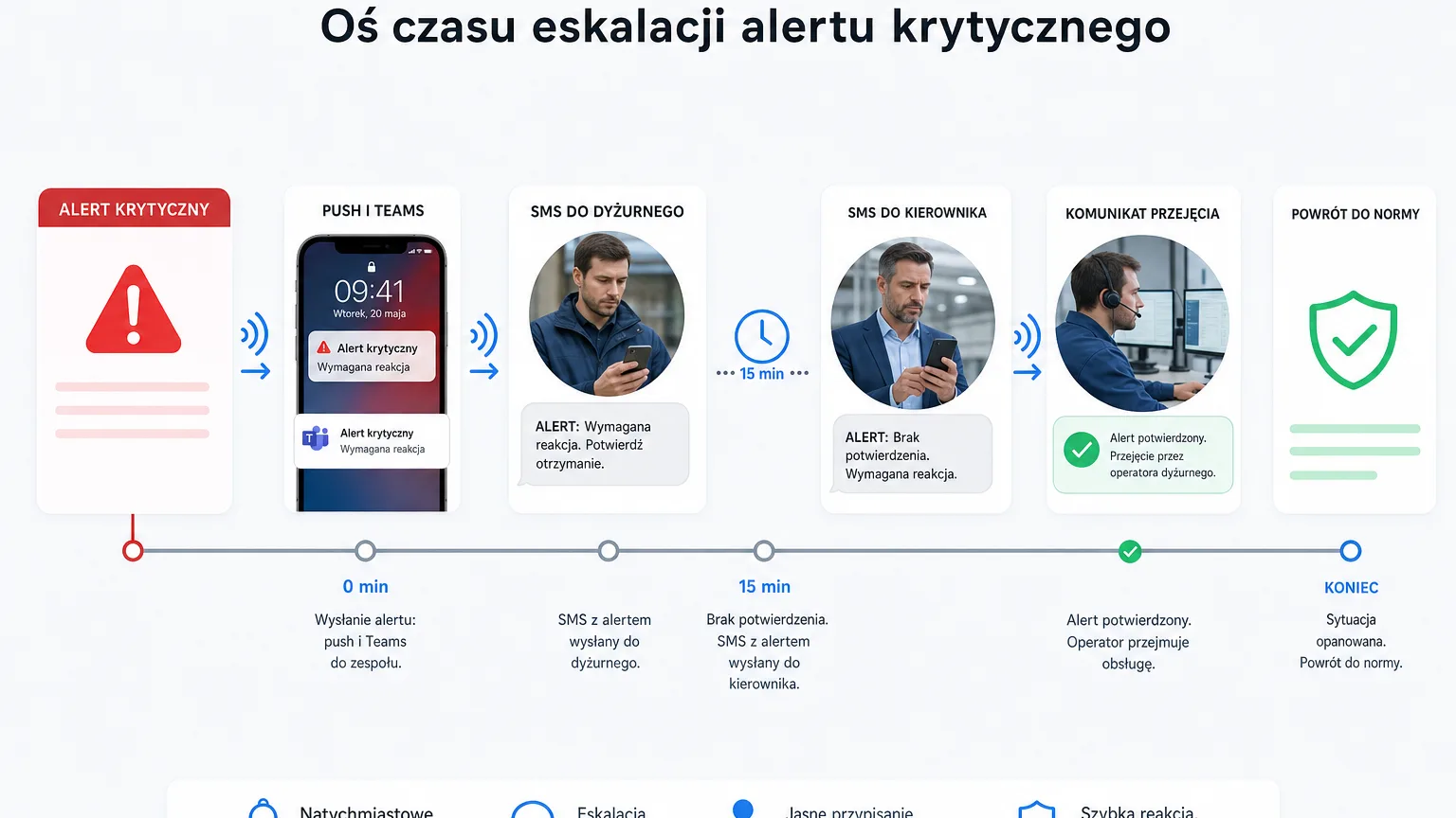 Escalation path of a critical alert, step by step