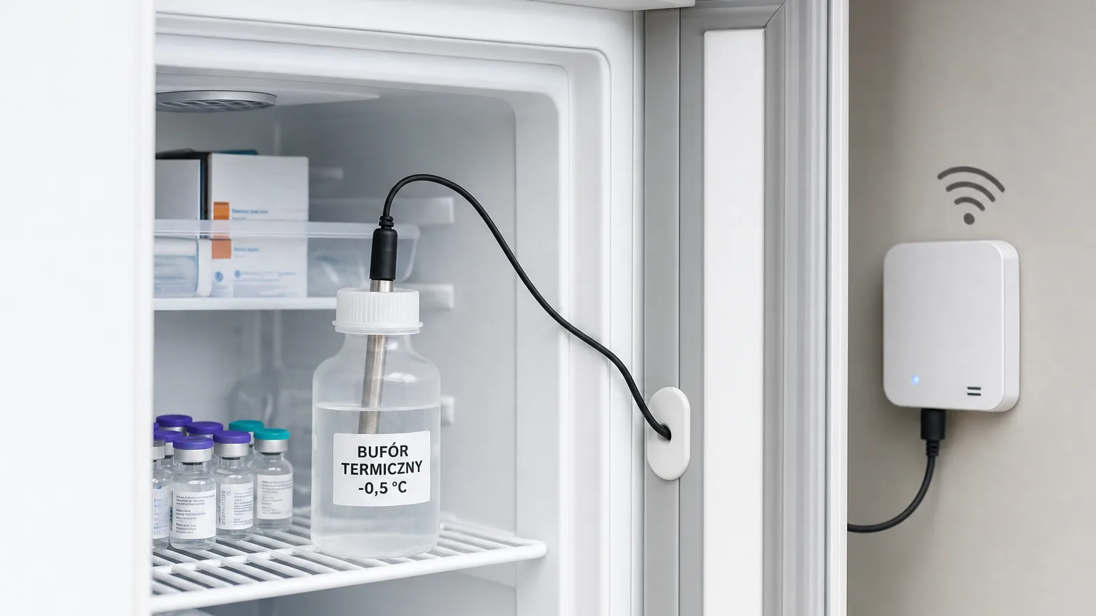 Vaccine fridge with the probe immersed in a thermal buffer and the transmitter mounted outside the chamber