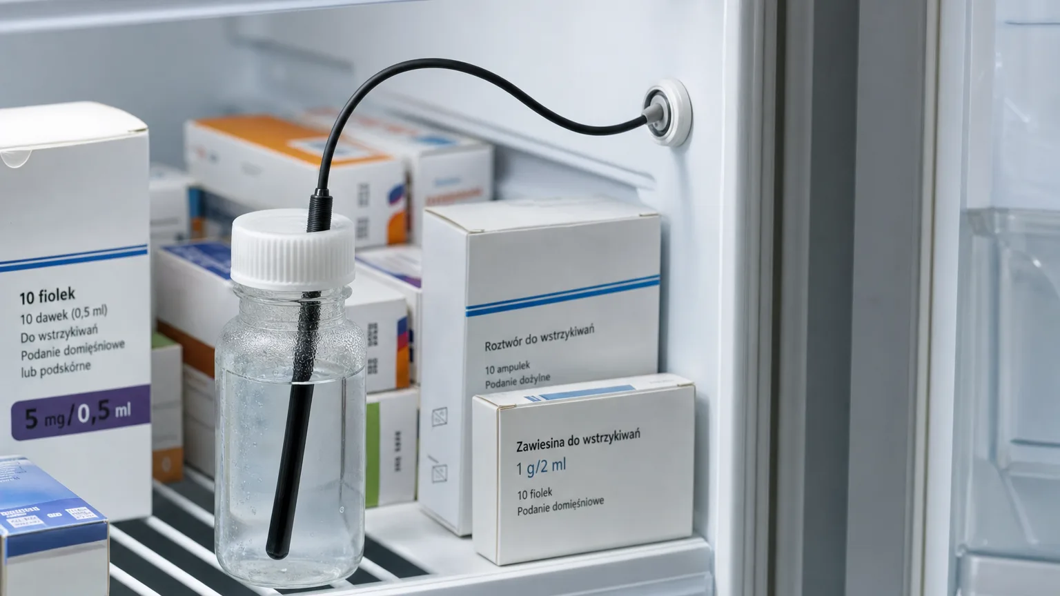 Temperature probe immersed in a thermal buffer inside a pharmacy fridge