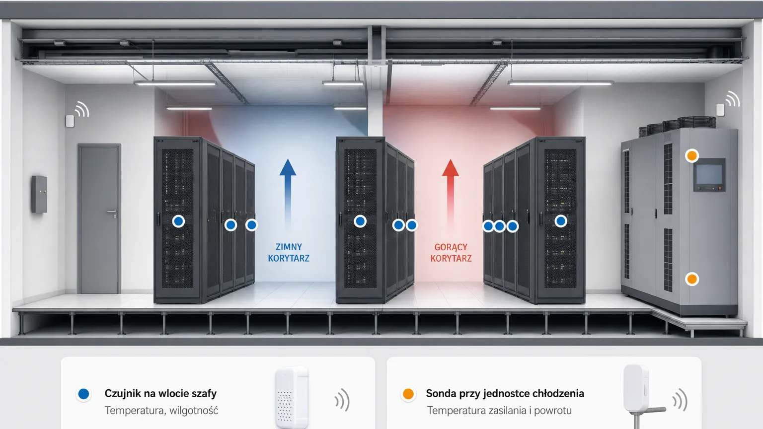 Sensor placement diagram in a hot aisle / cold aisle layout