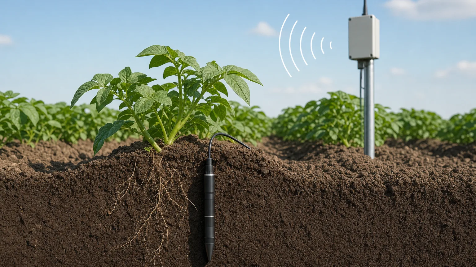 Soil probe buried in the root zone with a transmitter on a post above the ridge
