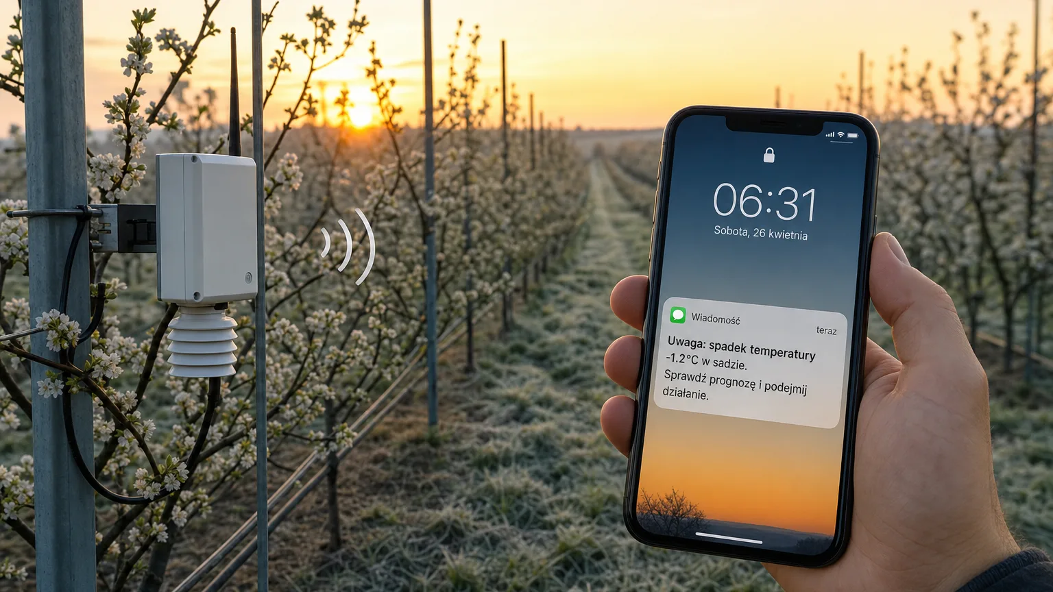 Orchard at dawn with a sensor at canopy level and a phone showing a frost alert