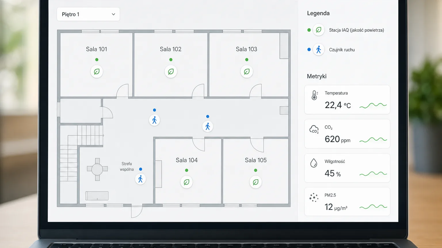 Sensor markers on a floor plan — climate zones and motion detection points