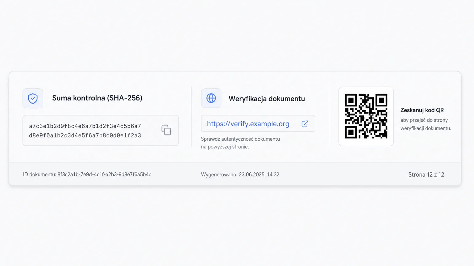 A signed PDF report with a SHA-256 checksum and a QR code for verification