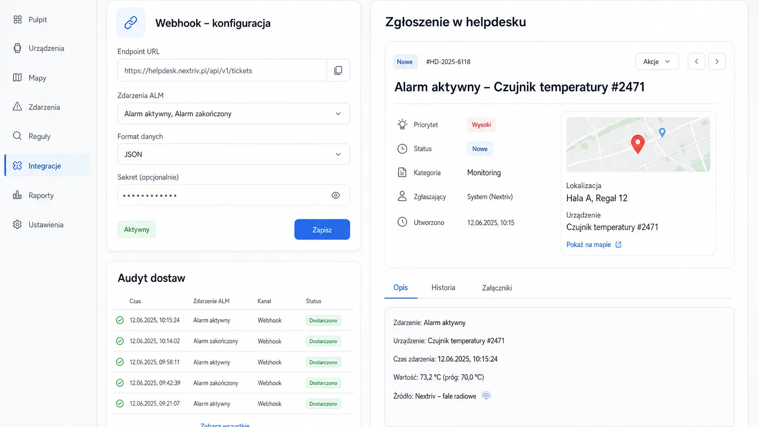 Webhook configuration and notification delivery view in the platform