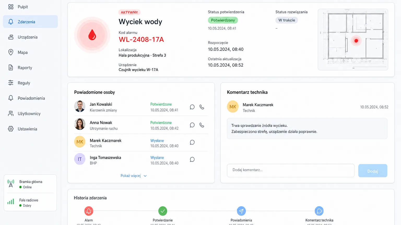 Flood event with a response timeline in the platform
