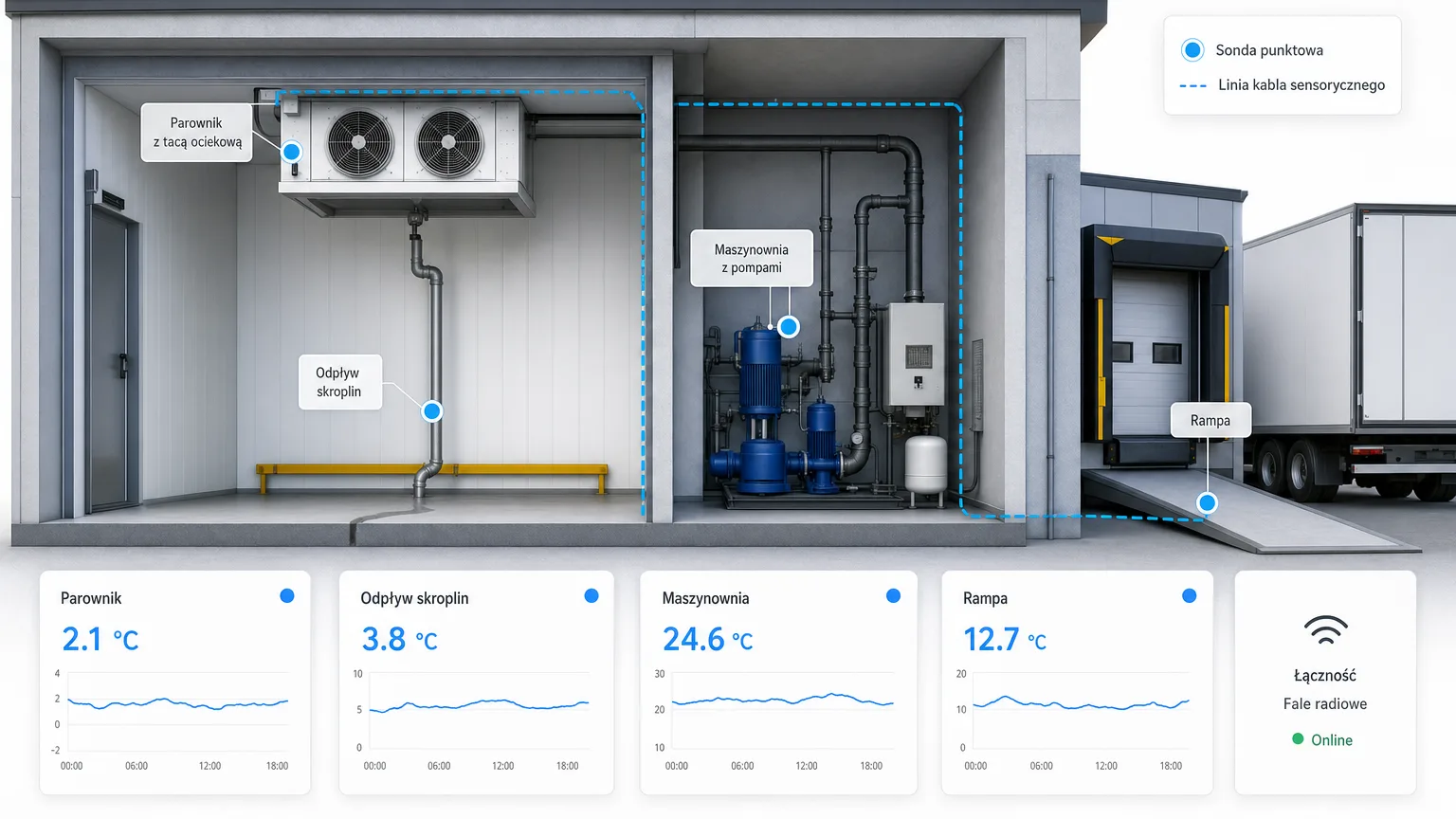 Leak risk points in a refrigerated facility and sensor placement
