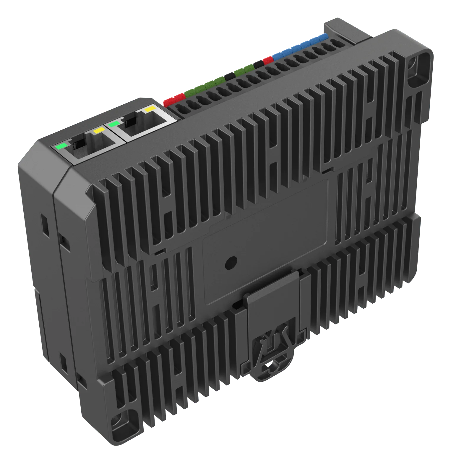 Nextriv Hub Edge at an angle — heatsink housing with dual Ethernet ports