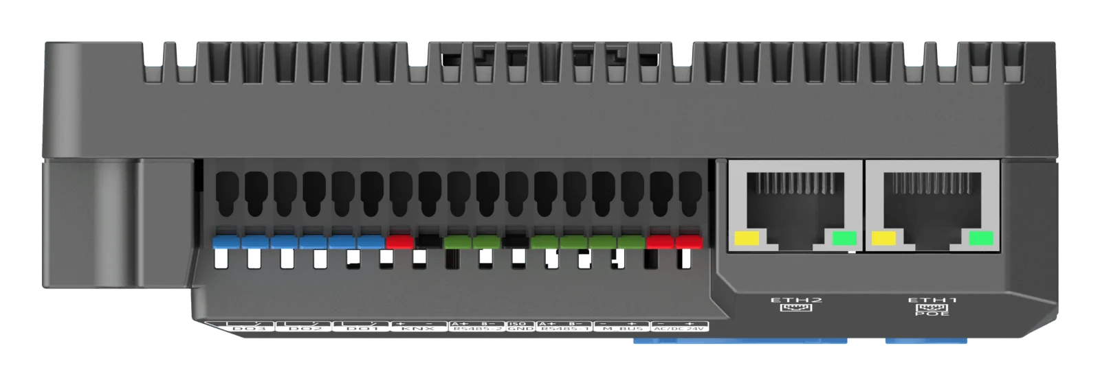 Close-up of the Nextriv Hub Edge connection row with terminals and two Ethernet ports