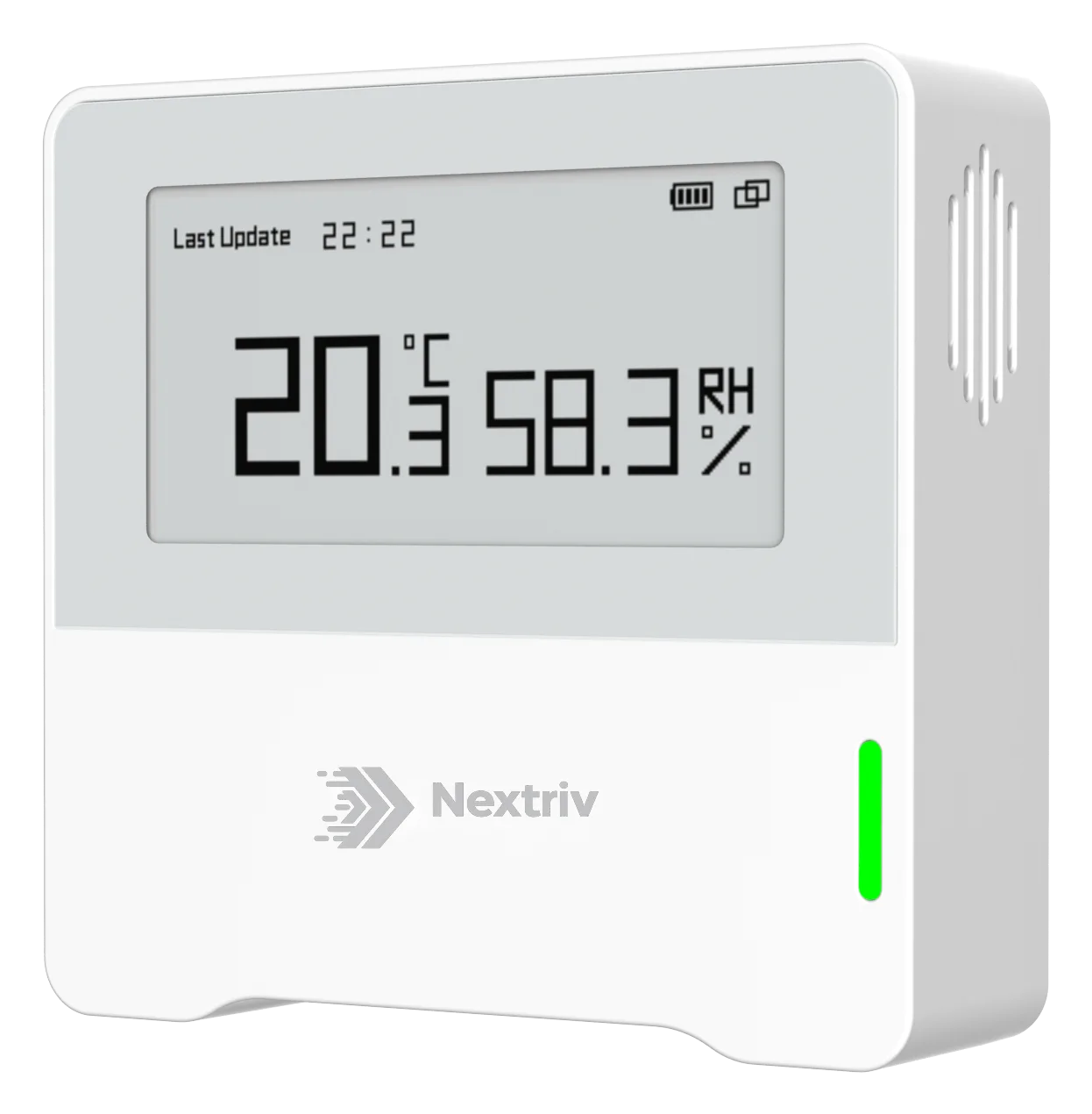 Nextriv Sense Display at an angle — e-ink screen with temperature and humidity, plus side ventilation slots