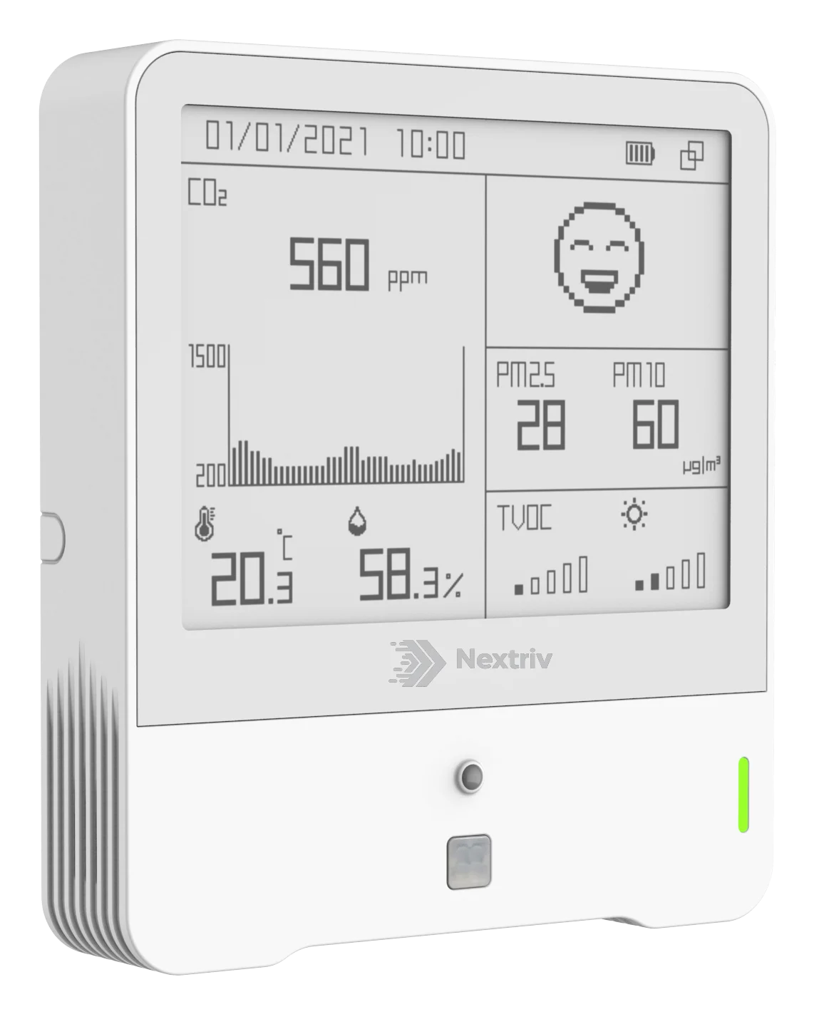 Nextriv Sense IAQ Comfort at an angle — e-ink screen and side ventilation slots