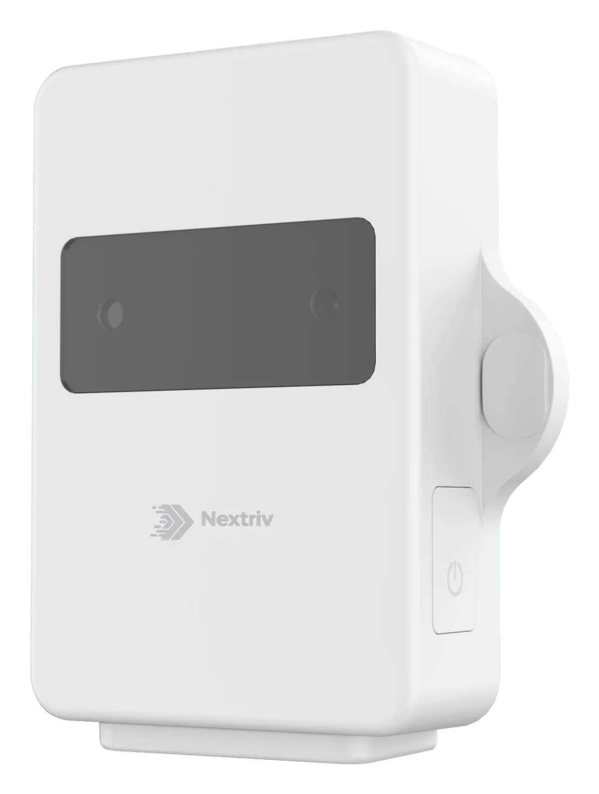 Nextriv Track GPS logger at an angle — sealed housing with the dark window on top