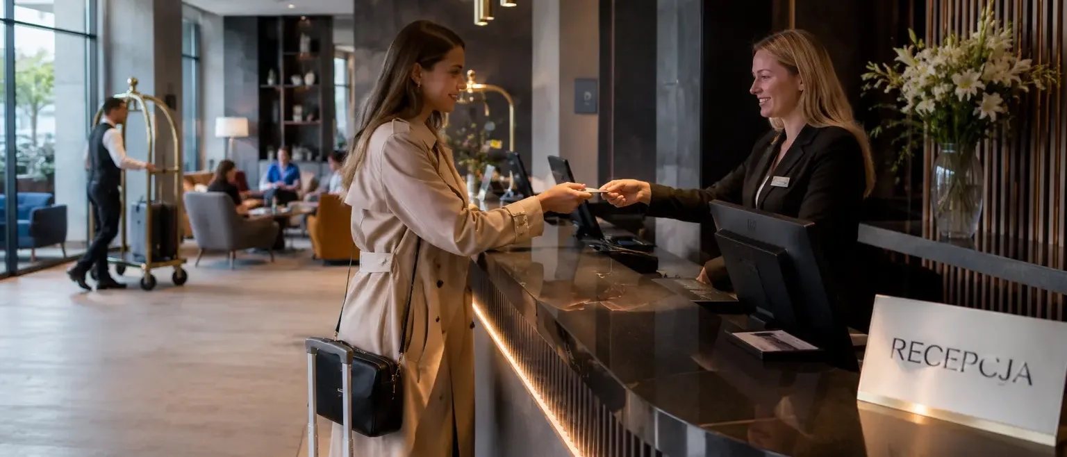 Hotel interior — reception and guest area covered by comfort monitoring