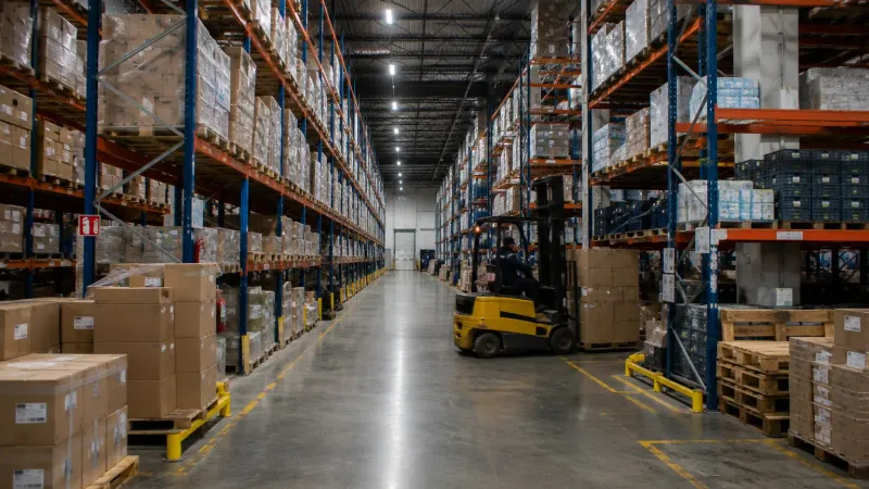 Warehouse hall with high-bay racking