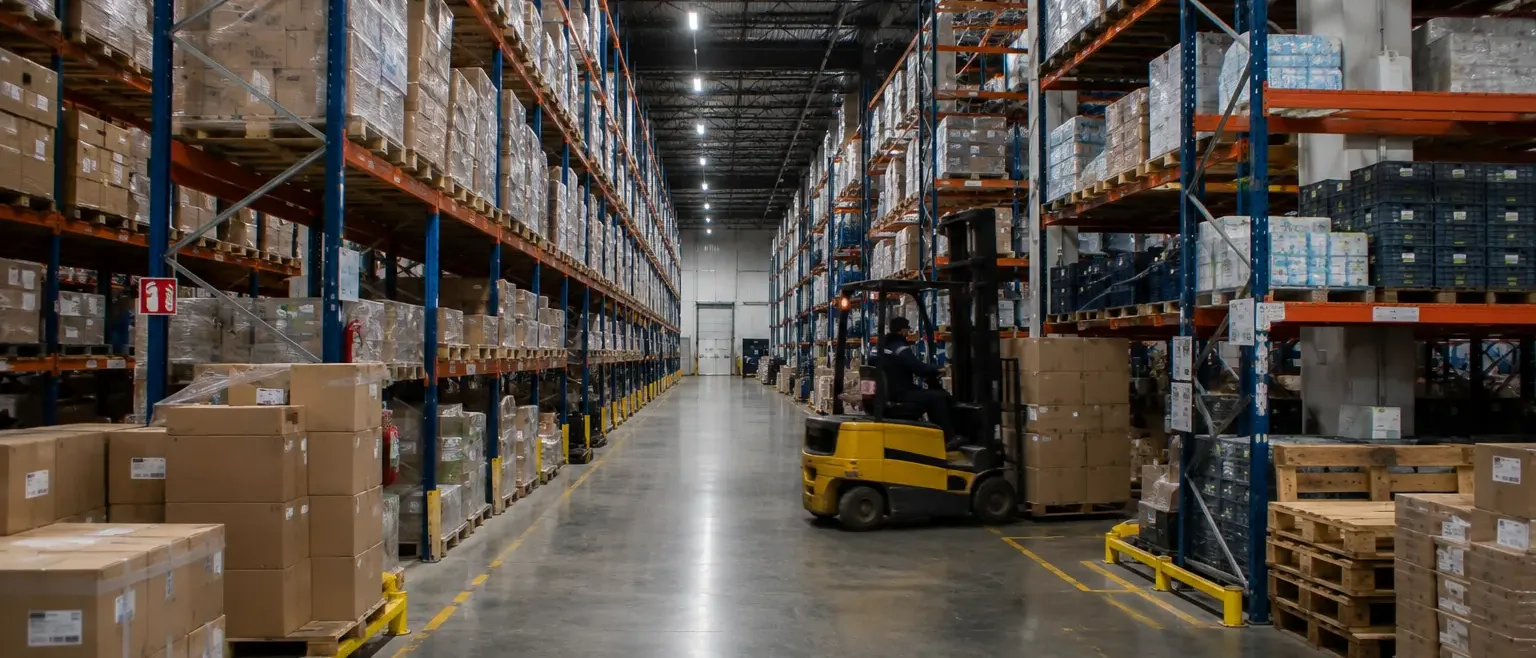 Warehouse hall with high-bay racking covered by condition monitoring