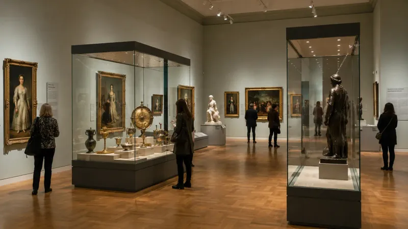 Museum hall with exhibits in display cases