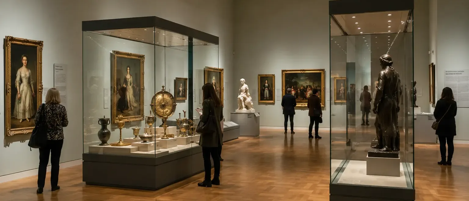 Museum hall with exhibits in display cases under climate supervision