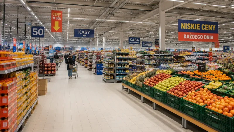 Refrigerated shelves in a grocery store