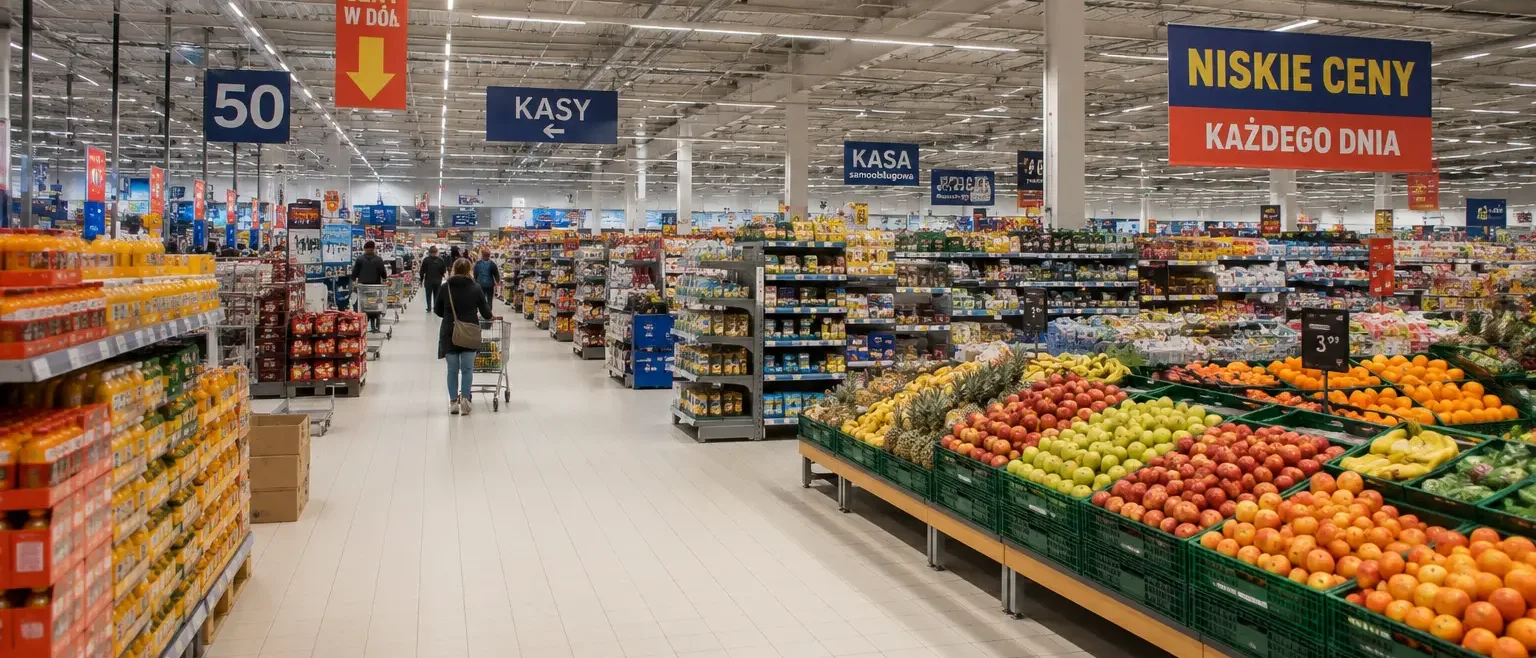 Refrigerated shelves in a grocery store under constant temperature monitoring